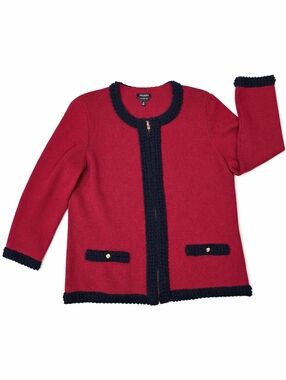 Talbots Merino Wool Deep Red Textired Navy Blue Trim Zip Front  Swetaer Jacket